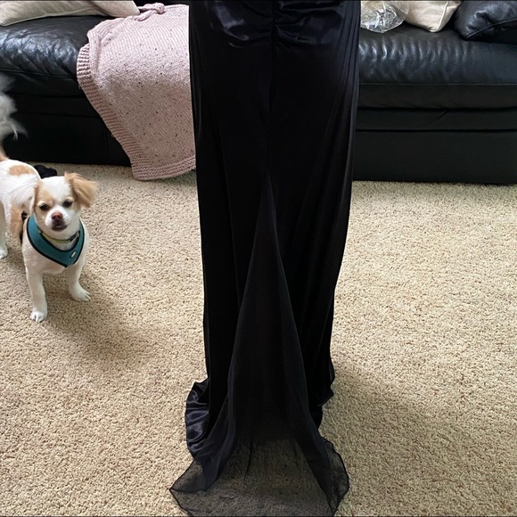 Long black prom dress back has sheer black triangle from legs down to floor - Picture 3 of 4